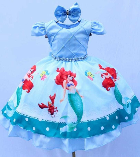 Vestido Festa Infantil Pequena Sereia Fundo Do Mar E Tiara