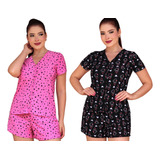 Kit 2 Pijama Feminino Curto Aberto Estampado Desenho