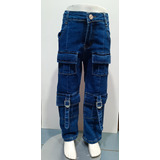 Jeans Niña Cargo Recto Elasticado Full Moda Azul (mj093)