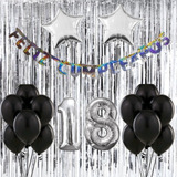 Combo Cumple Plateado Negro Cortina Globos Feliz Cumple