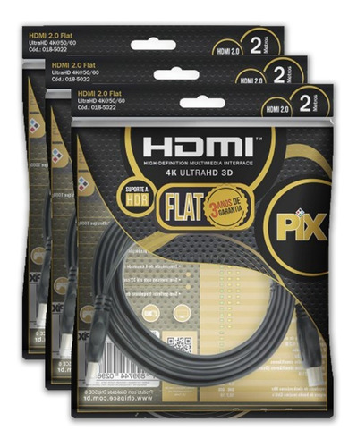 Kit 3 Cabo Hdmi Flat 2.0 Pix 19 Pinos 4k Ultrahd 3d Hdr 2 M