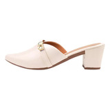 Mule Scarpin Branco Salto Grosso Napa Bico Fino Casual Festa