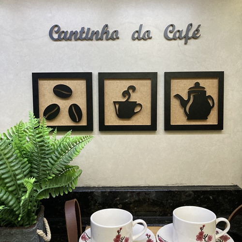 Kit 3 Quadros Decorativos Cantinho Do Café + Frase 3d Relevo
