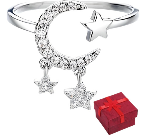 Anillo De Plata 925 Mujer Estrella Y Luna Ajustable Regalo 