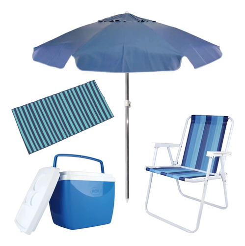 Guarda Sol 2 M + 1 Cadeira De Praia + Cooler 18 L + Esteira