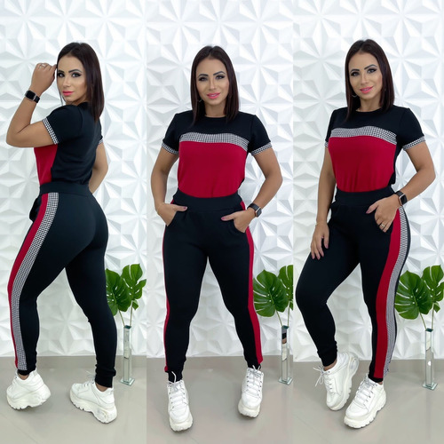 Conjunto Feminino Calça Malha+blusa Manga Crepe Promoçao Top