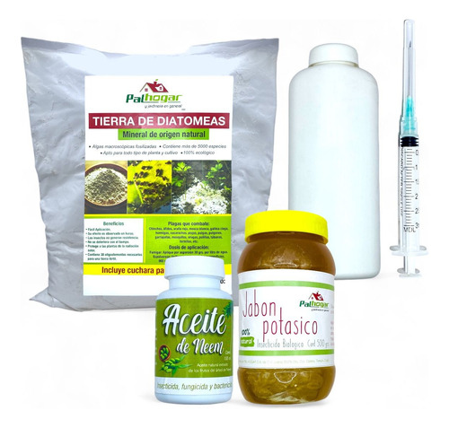 Kit Jabón Potásico 500g Tierra De Diatomeas 3kg Neem 150ml 