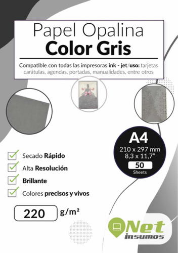 Opalina Lisa 50 Hojas Color Gris 220gr Doble Faz A4