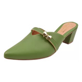 Scarpin Mule Salto Grosso Napa Verde Bico Fino Casual Lacinh