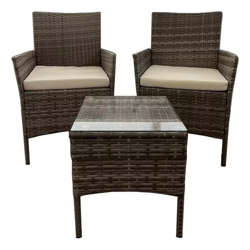 Juego Jardin Delos Rattan 2 Sillones + Mesa T/vidrio Gris