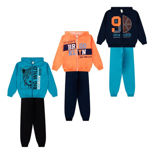 3conjunto Moletom Juvenil Menino Flenelado Calça Blusa 10-16