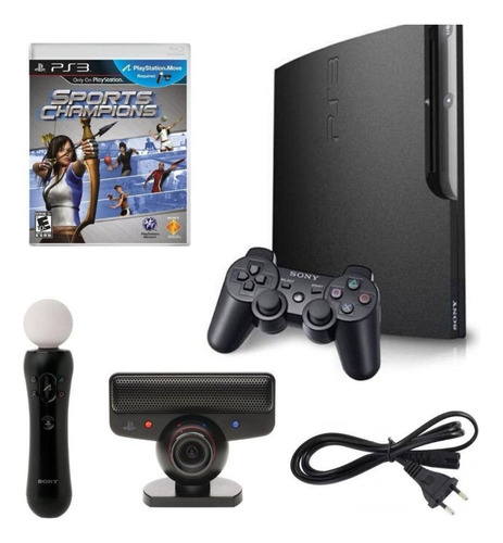 Playstation 3 Slim Destrav- 320gb Ps3 Move/playstation Eye Disc Bundle Cor Charcoal Black + 10 Jogos Mídia Fisica