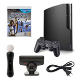 Playstation 3 Slim Destrav- 320gb Ps3 Move/playstation Eye Disc Bundle Cor Charcoal Black + 10 Jogos Mídia Fisica