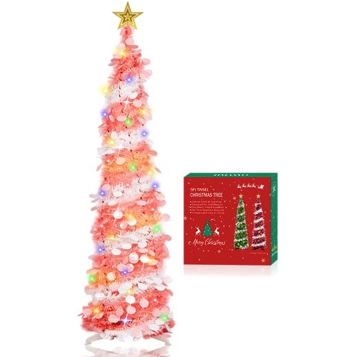 Árbol De Navidad De Tinsel De 5 Pies 50 Luces Led De C...