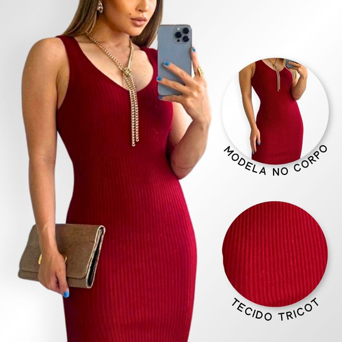 Vestido Feminino Tricô Midi Fenda Lateral Decote V Clássico 