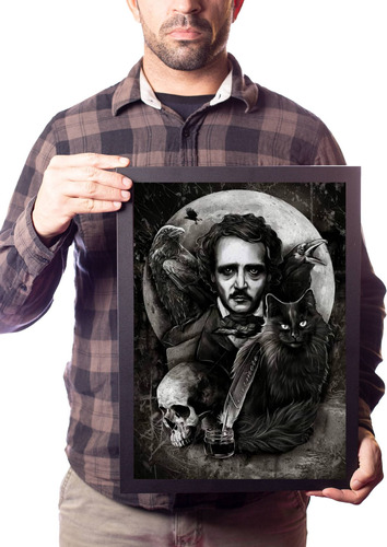 Quadro Edgar Allan Poe Arte Gato Preto Corvo Decoração