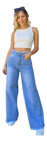 Wide Leg Jean Dolce Con Desflecado Rigido Talle Grande