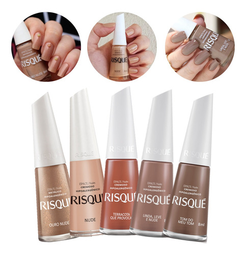 Kit Esmalte Risque Nude Cremoso Metálico Hipoalergênico