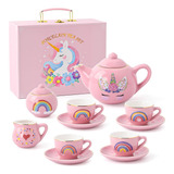 Juego De Té Porcelana De Unicornio Para Niños, 13 Pzs, Rosa