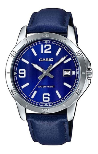 Reloj Pulsera Casio Enticer Mtp-v004 De Cuerpo Color Plata, Analógico, Para Hombre, Fondo Azul, Con Correa De Cuero Color Azul, Agujas Color Plata Y Blanco, Dial Blanco, Minutero/segundero Plata, Bise