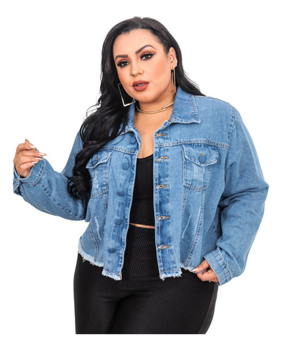 Jaqueta Jeans Feminina Plus Size Desfiada Botões Coberto