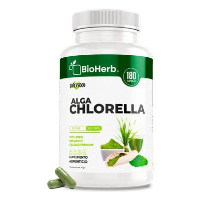 BioHerb | Alga Chlorella Orgánica 100% Pura – Superfood Natural – 180 Cápsulas de 500 mg (Suministro 90 Días) Alta Concentración de Clorofila, Hierro y Zinc - Extremadamente Eficaz | Meses sin interés