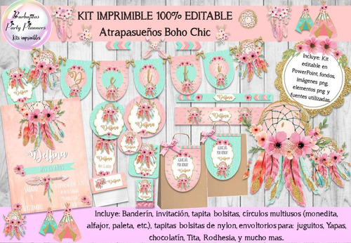 Kit Imprimible Candy Bar Atrapasueños Rosa 100% Editable
