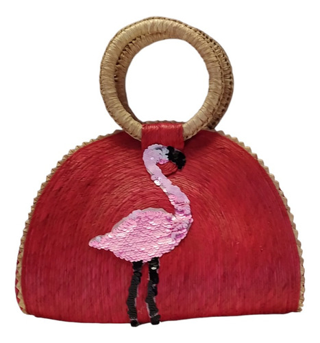 Bolsa Para Playa Mimbre Magenta Circular Con Flamingo