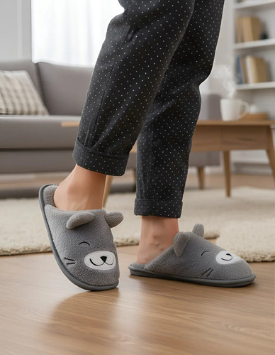Pantuflas Mujer Cómodas Suaves Calzatura 10056 Gato Gris