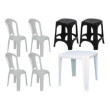 Mesa De Plastico Quadrada Branca C/4 Cadeiras E 2 Banquetas