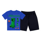 Kit Roupa Infantil Camiseta Do Minecraft + Bermuda Moletom