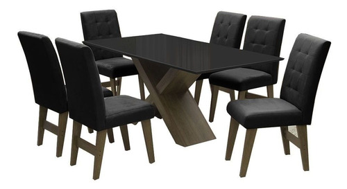 Conjunto Mesa Preto Dubai 1,60m Mdf Com 6 Cadeiras Castanho Cor Castanho/preto Desenho Do Tecido Das Cadeiras Liso