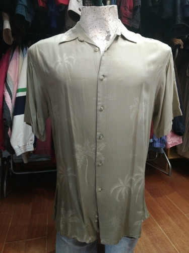 Camisa Hawaiana Verde Color En Degradé Con Palmeras M Rayon