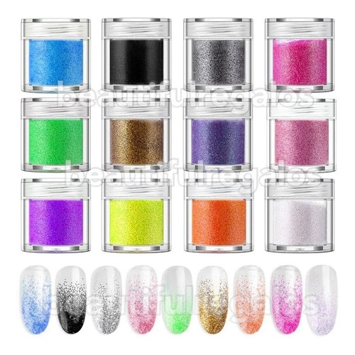 Kit Polvo X12 Glitter Gibre Strass Decoración Uñas Nail Art