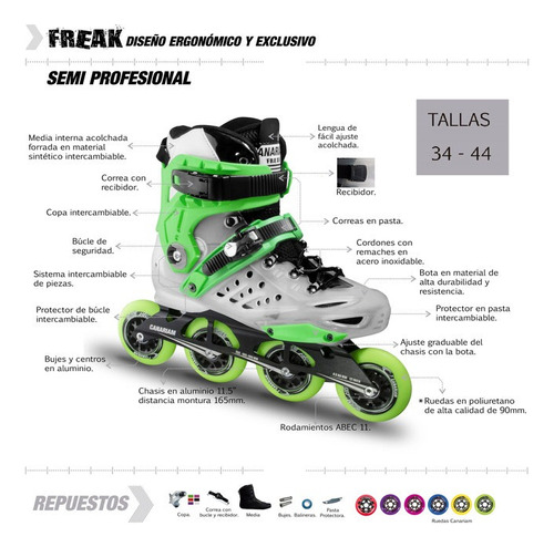 Patines Semiprofesionales Canariam Freak 4 Ruedas En Línea