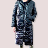 Campera Larga, Maxi Puffer M Con Capucha En Negro Metalizado