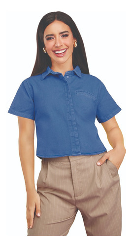 Camisa Dama Casual Manga Cota Botones Azul 404-05