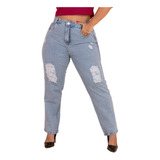 Calça Jeans Mom Casual Plus Size Cintura Alta Rasgada