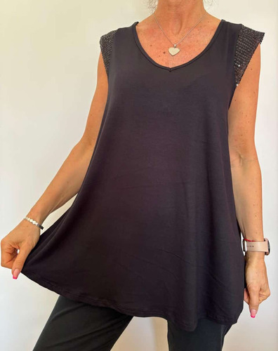 Musculosa  Sandra Evase De Modal Viscosa Con Lentejuelas Negro Xl- Xxl Liso