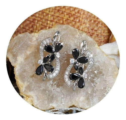 Aretes Flor Negra Bohemios Cristal Rhinestone Fiesta Oro 18k