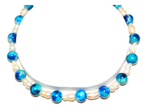Collar Perla Cultivada Blanca Doble U Jade Azul