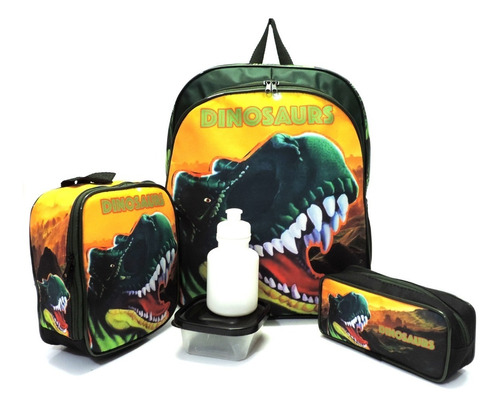 Kit Mochila Escolar Infantil Dinossauro Rex Costas M F5 Verd