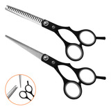 Kit Tesoura Profissional Dentada Reta Cabeleireiro Barbeiro Cor Preto