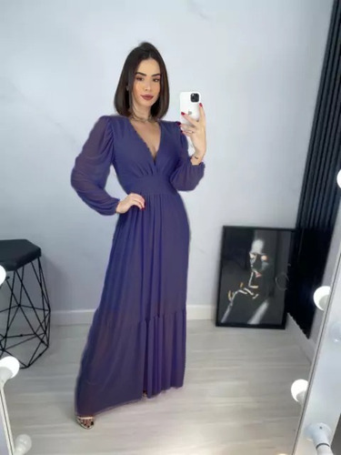 Vestido Longo Tule Com Manga Moda Evangélica Chá Revelação