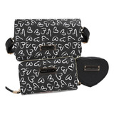 Set De Bolsa Cartera Y Monedero Perry Ellis Para Acabado De Los Herrajes Metálico Color Negro Correa De Hombro Negro Diseño De La Tela Corazones Blancos