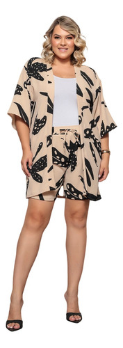 Conjunto Feminino Com 2 Peças Plus Size Kimono E Short Verão