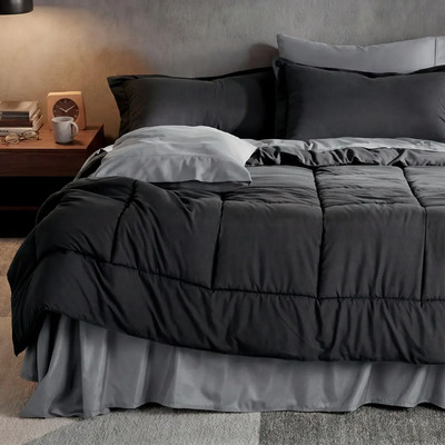 Set 7 Pzas. Edredón Queen Size + Fundas De Almohada + Juego De Sabanas Real Textil Negro - Gris | Meses sin interés