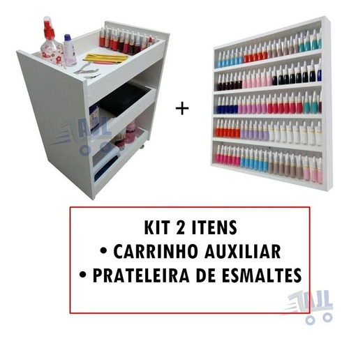 Kit Expositora De Parede + Carrinho De Manicure Auxiliar Cor Branco