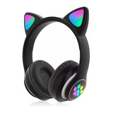 Audífonos Gamer Inalámbricos Orejas Cat Negro Con Luz Led