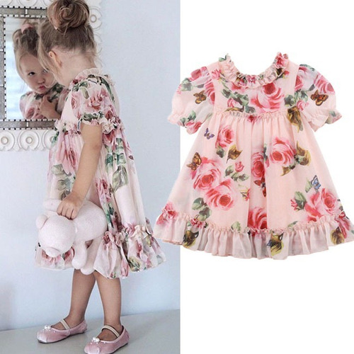 Vestido De Festa Infantil Estampa De Flor Babado Promoção